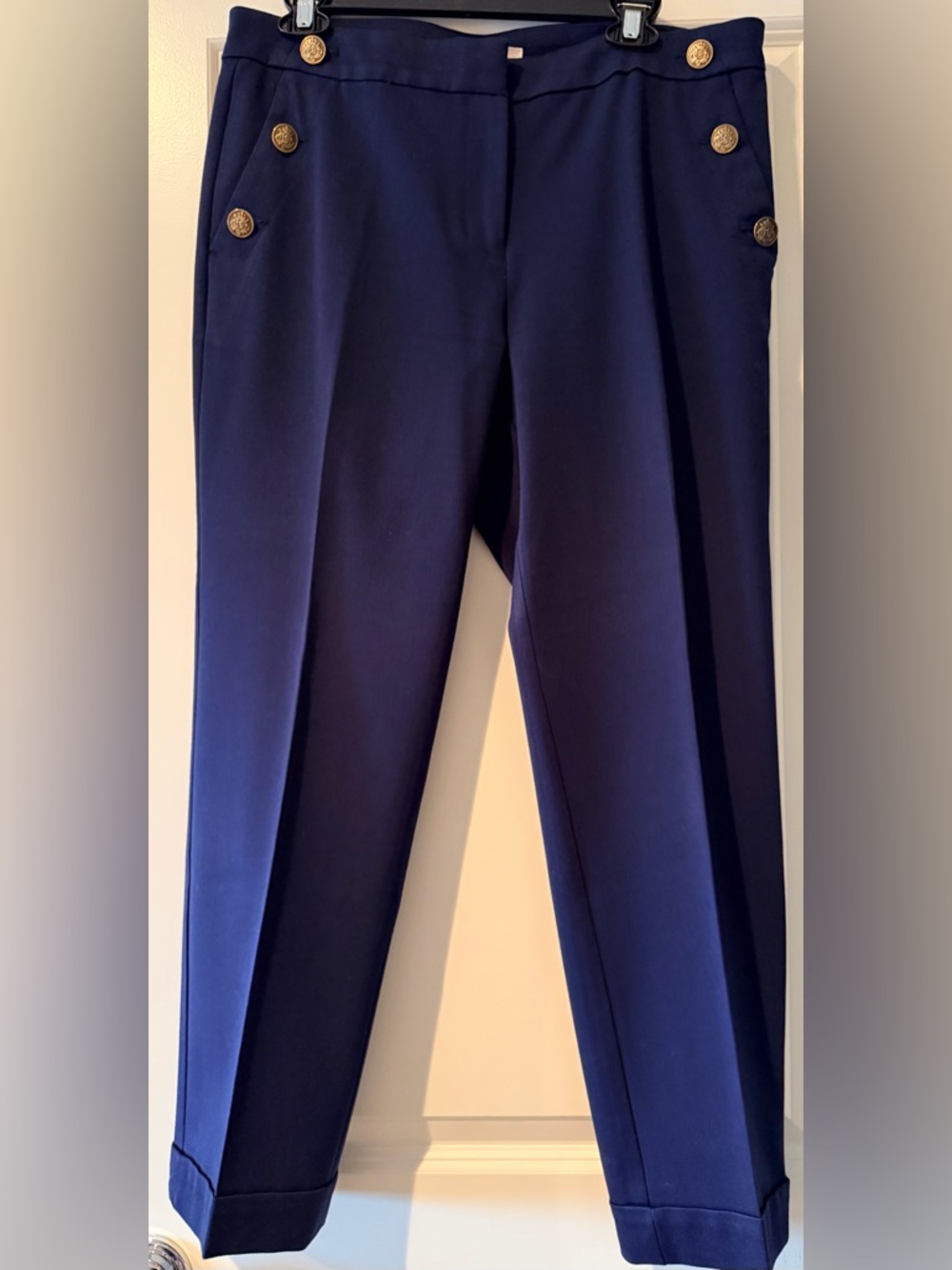 LOFT Woman’s Curvy Navy Straight-Leg Pants with Gold Buttons